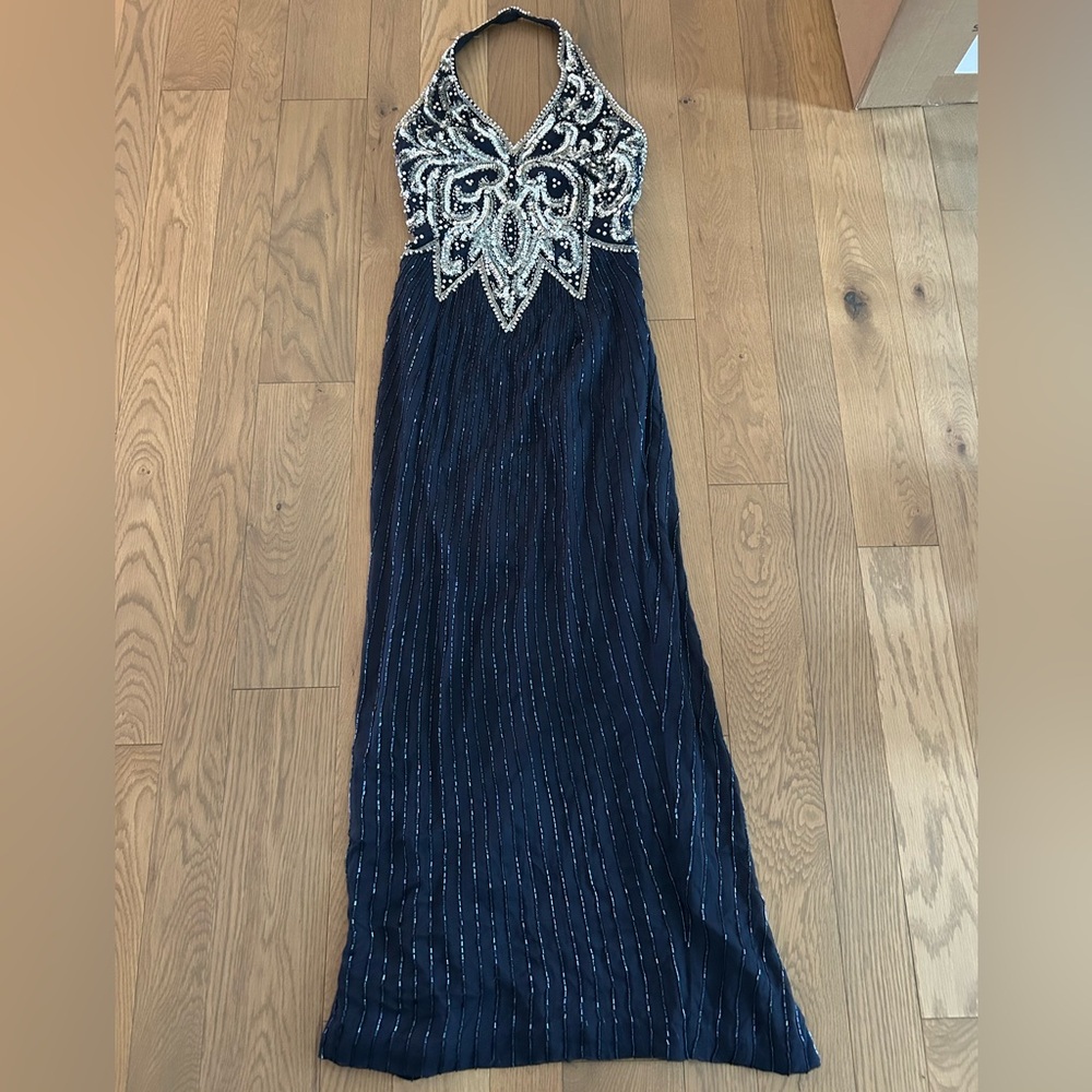 Vintage Cache Navy Blue and Silver Beaded Halter Prom Gown
